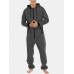 Mens Cotton Solid Hooded Pocket Long Sleeve Home Jumpsuit Zipper Sleepwear