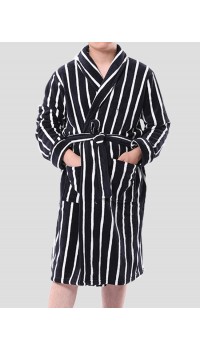 Mens Basic Striped Print Flannel Winter Thick Mid  Length Home Lounge Robes