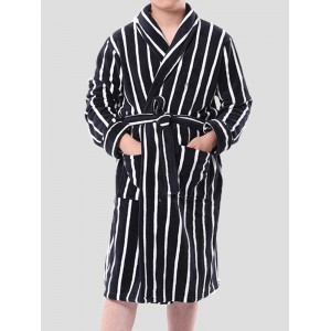 Mens Basic Striped Print Flannel Winter Thick Mid  Length Home Lounge Robes