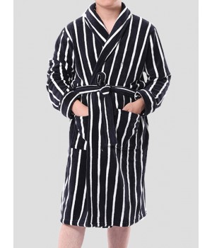 Mens Basic Striped Print Flannel Winter Thick Mid  Length Home Lounge Robes