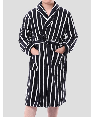 Mens Basic Striped Print Flannel Winter Thick Mid  Length Home Lounge Robes