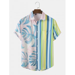 Men Tropical Leaf   Striped Print Two Tone Lifeful Single Pocket Soft Breathable Shirts