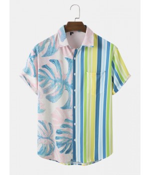 Men Tropical Leaf   Striped Print Two Tone Lifeful Single Pocket Soft Breathable Shirts