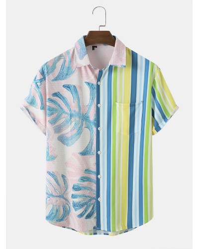 Men Tropical Leaf   Striped Print Two Tone Lifeful Single Pocket Soft Breathable Shirts