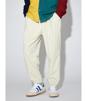 Men Solid Corduroy Drawstring Elastic Waist Ankle Length Pants