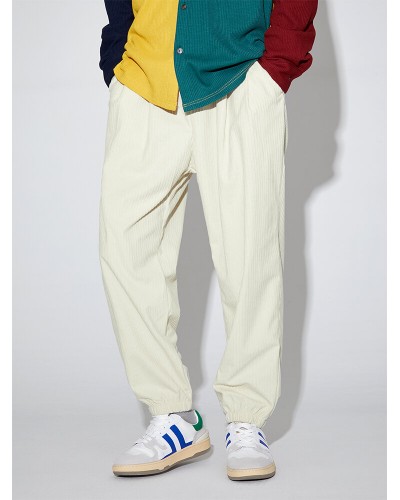 Men Solid Corduroy Drawstring Elastic Waist Ankle Length Pants