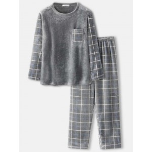 Mens Flannel Plaid Patchwork Pullover Warm Thicken Loose Pants Home Comfy Pajama Set