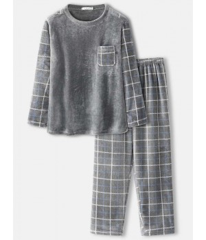 Mens Flannel Plaid Patchwork Pullover Warm Thicken Loose Pants Home Comfy Pajama Set