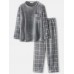 Mens Flannel Plaid Patchwork Pullover Warm Thicken Loose Pants Home Comfy Pajama Set