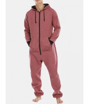 Mens Cotton Solid Hooded Pocket Long Sleeve Home Jumpsuit Zipper Sleepwear