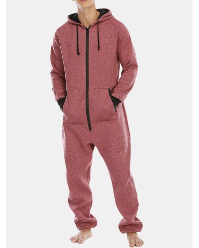 Mens Cotton Solid Hooded Pocket Long Sleeve Home Jumpsuit Zipper Sleepwear