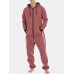 Mens Cotton Solid Hooded Pocket Long Sleeve Home Jumpsuit Zipper Sleepwear