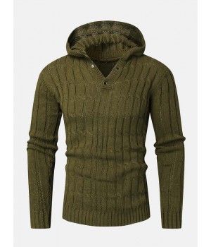 Mens Cable Solid Color Long Sleeve Warm Knitting Hooded Sweaters