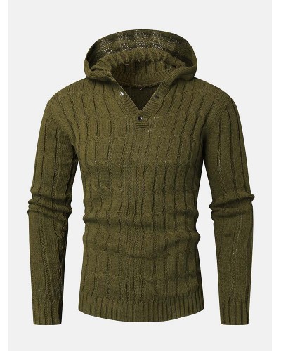 Mens Cable Solid Color Long Sleeve Warm Knitting Hooded Sweaters