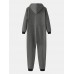 Mens Cotton Solid Hooded Pocket Long Sleeve Home Jumpsuit Zipper Sleepwear