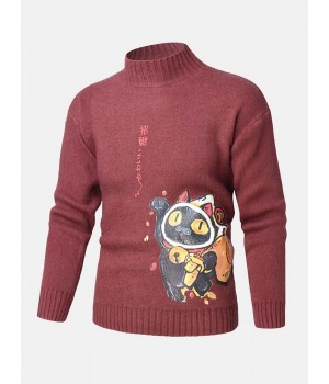 Mens Cartoon Cat   Ethnic Style Character Pattern High Neck Knitted Pullover Sweaters