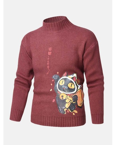 Mens Cartoon Cat   Ethnic Style Character Pattern High Neck Knitted Pullover Sweaters