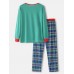 Mens Cartoon Christmas Print Loose Round Neck Plaid Pants Home Pajamas Set