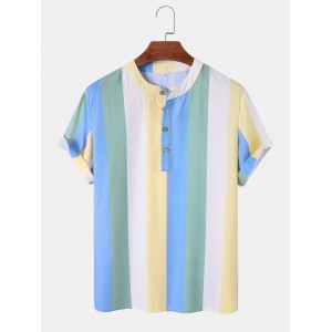 Men Rainbow Striped Print Half Buttons Soft All Matched Skin Friendly Shirts