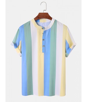 Men Rainbow Striped Print Half Buttons Soft All Matched Skin Friendly Shirts