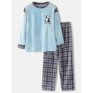 Mens Cute Panda Letter Embroidery Grid Stitching O  Neck Flannel Warm Pajamas Sets