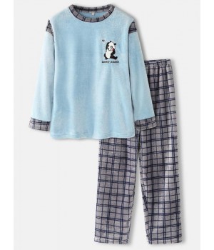 Mens Cute Panda Letter Embroidery Grid Stitching O  Neck Flannel Warm Pajamas Sets