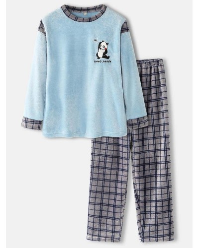 Mens Cute Panda Letter Embroidery Grid Stitching O  Neck Flannel Warm Pajamas Sets