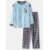 Mens Cute Panda Letter Embroidery Grid Stitching O  Neck Flannel Warm Pajamas Sets