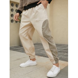 Men 100  Cotton Patchwork Color Block Elastic Waist Ankle Length Casual Pants
