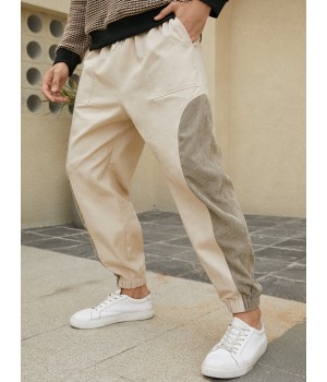 Men 100  Cotton Patchwork Color Block Elastic Waist Ankle Length Casual Pants