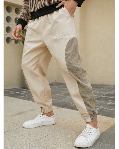 Men 100  Cotton Patchwork Color Block Elastic Waist Ankle Length Casual Pants