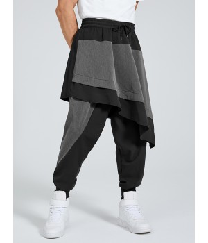 Mens Punk Drawstring Patchwork Color Block Harem Pants