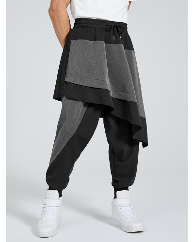 Mens Punk Drawstring Patchwork Color Block Harem Pants