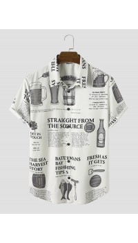 Men All Over Beers Newspaper Print Button Up Short Sleeve Shirts
