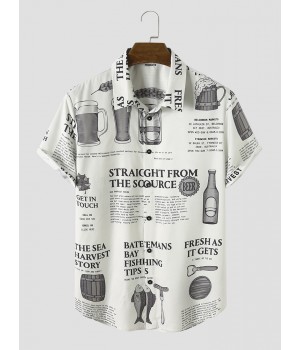 Men All Over Beers Newspaper Print Button Up Short Sleeve Shirts