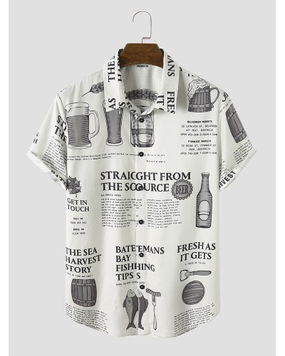 Men All Over Beers Newspaper Print Button Up Short Sleeve Shirts