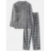 Mens Flannel Plaid Patchwork Pullover Warm Thicken Loose Pants Home Comfy Pajama Set