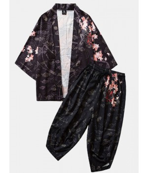 Mens Kimono Ethnic Style Loong Gragon Print Elastic Waist Two Piece Outfits