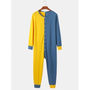 Mens Contrast Color Patchwork Button Up Round Neck Jumpsuit Home Comfy Lounge One  Piece Pajamas