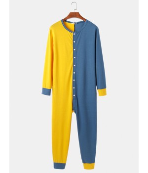 Mens Contrast Color Patchwork Button Up Round Neck Jumpsuit Home Comfy Lounge One  Piece Pajamas