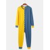 Mens Contrast Color Patchwork Button Up Round Neck Jumpsuit Home Comfy Lounge One  Piece Pajamas