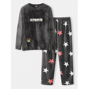Mens Flannel Letter Embroidery Stars Pattern Round Neck Warm Pajamas Sets