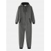 Mens Cotton Solid Hooded Pocket Long Sleeve Home Jumpsuit Zipper Sleepwear