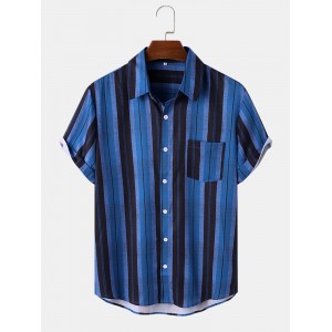 Men Hit Striped Pocket Soft Breathable All Matched Skin Friendly Shirts