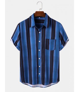 Men Hit Striped Pocket Soft Breathable All Matched Skin Friendly Shirts