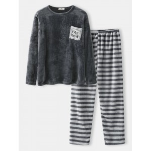 Mens Flannel Letter Chest Pocket Thick Long Sleeve Sweatshirts Stripe Pants Home Pajama Set