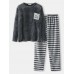 Mens Flannel Letter Chest Pocket Thick Long Sleeve Sweatshirts Stripe Pants Home Pajama Set