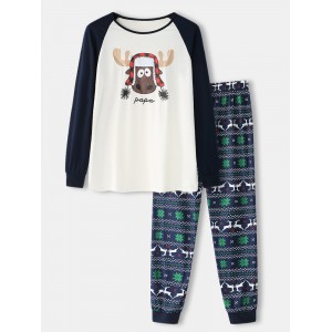 Mens Christmas Cartoon Elk Print Raglan Sleeve Long Sleeve Top Jogger Pants Home Pajamas