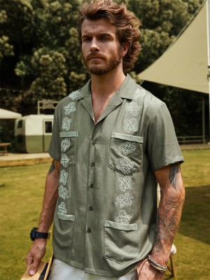 Men Embroidered Multi Pocket Soft Breathable All Matched Shirts