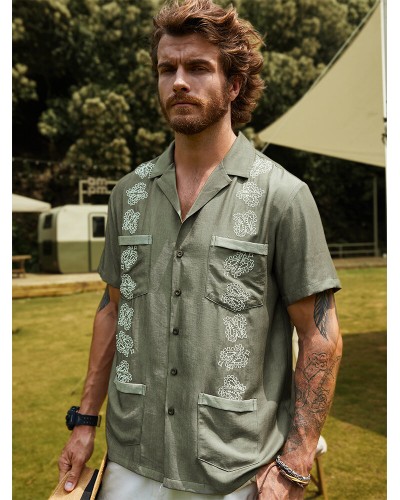 Men Embroidered Multi Pocket Soft Breathable All Matched Shirts